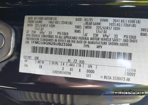 2025 Ford Escape Active z USA, uszkodzony, nr VIN 1FMCU9GN2SUB23300